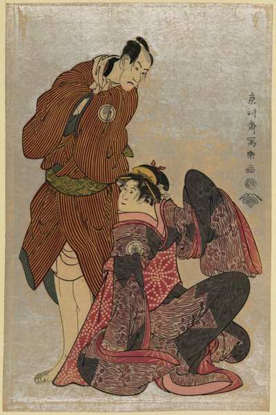 Ukiyo-e Print of Bando Hikosaburō III in the Role of Obi-ya Chōemon and Iwai Hanshirō IV in the Role of Shinano-ya Ohan, by Tōshūsai Sharaku, 1794 by Toshusai Sharaku